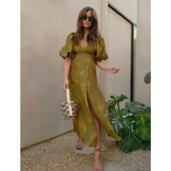 JUAN DE DIOS Sz M/L Ermita Wrap Around Midi Dress Green Palms Linen - Picture 13 of 16